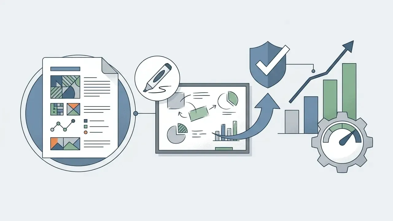 Document with charts and data being transformed into a visual presentation leading to growth metrics