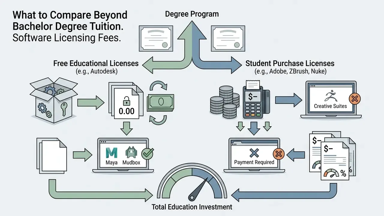Pathways showing free educational software versus paid student licenses leading to total investment costs
