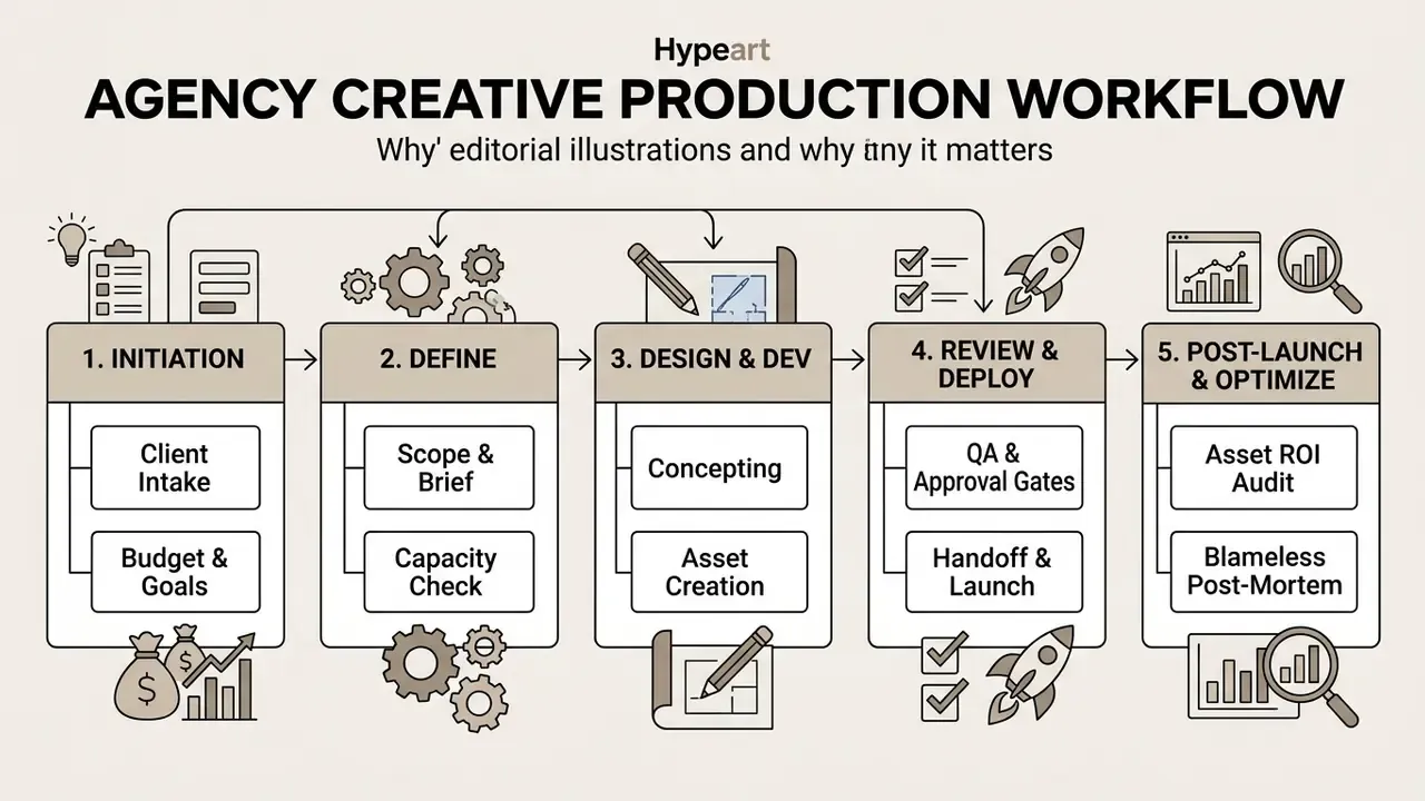 Five sequential steps for an agency creative production workflow featuring icons for each project phase