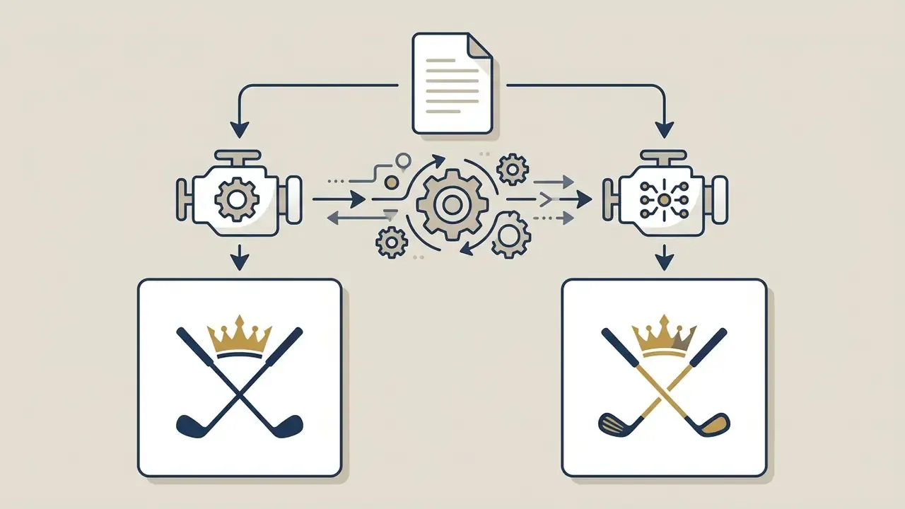 Diagram showing a single prompt input processed by two distinct engines to produce different logo designs