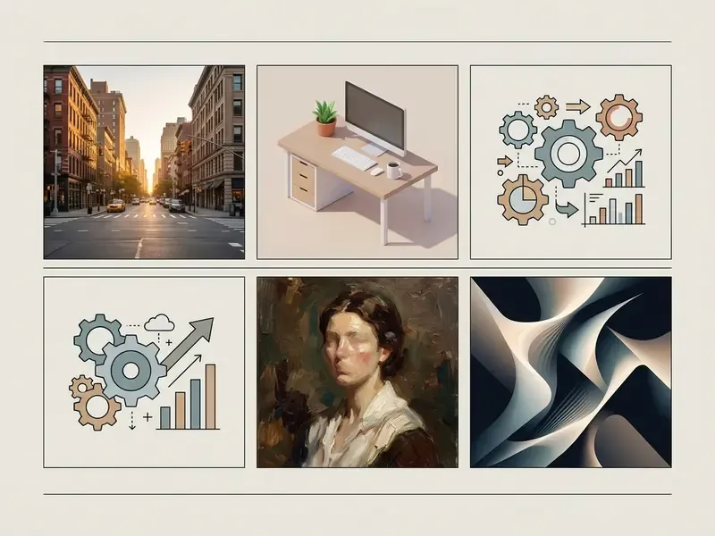 Grid of cool AI images showcasing diverse styles including urban photography, 3D renders, and oil painting